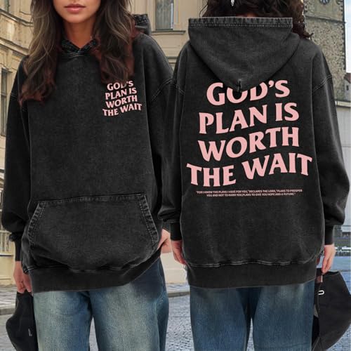 Christian Graphic Hoodies for Women God Bible Verse Oversized Hoodie Religious Letter Print Acid Wash Sweatshirts - color: Black, size: Large