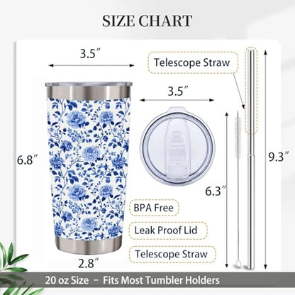 Blue and White Chinoiserie Floral Tumbler 20 oz, Peony Insulated Stainless Steel Cup with Lid and Straw, Botanical Travel Coffee Mug, Gifts for Women Mom, Flower Lovers - color: Blue Floral