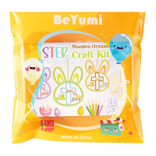 BeYumi Easter Wooden Ornament Craft - 20Pcs NO BUNNY LOVE YOU LIKE A JESUS DIY Wooden Easter Ornaments Craft Kit for Kids Make Your Own Christian Religious Bunny with Gem Sticker Church Party Supplies - style: Bunny