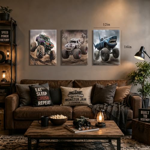 CXQILVER Monster Truck Canvas Wall Art Set of 3, Racing Car Wall Decor Painting Funny Cartoon Poster prints Pictures for Kids Boy Bedroom Playroom Home Decor 12x16 Inch Framed - color: Grey racing car, size: 16"L x 12"W