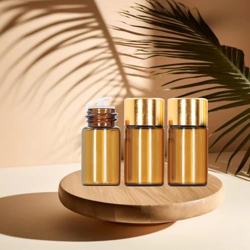 50Pcs 3ml Amber Mini Essential Oil Bottles Sample Bottles with Orifice Reducers and Gold Caps,3ml Amber Glass Bottles Vials,for Perfume Aromatherapy Cosmetic Oils Container - size: 3ml