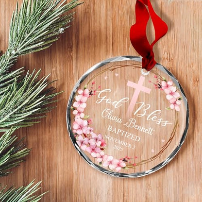 Personalized Baptism Baby Glass Ornament 2026- Custom Name God Bless Christmas - Thanksgiving - Birthday - Baby Girl - Parents - Christmas Keepsake from Godparents - color: Stylea03c