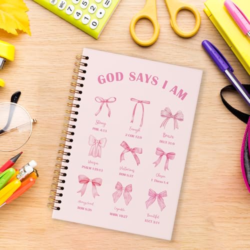 Grace Yonks Pink Bow Inspirational Bibles Journal Notebook, A5 Christian Spiral Notebook, Aesthetic Composition Book for Girls, Preppy School Supplies, 5.8" x 8.3" with 80 Pages(015)
