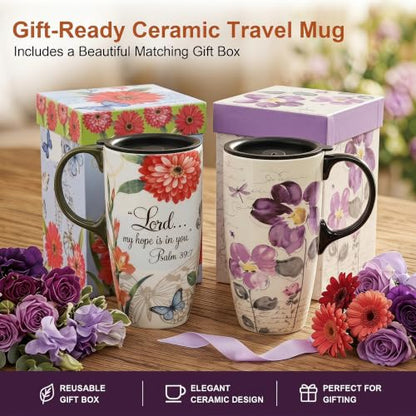 Topadorn 17oz Ceramic Travel Mugs Set of 2, Floral Coffee Mugs with Lids - color: Butterfly&flower