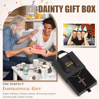 FLHEART Wooden Cross Bible Verse Necklace for Men, Hawaiian Handmade Real Black Ebony Wood Cross Pendant Stainless Steel Chain, Mens Cross Necklaces Koa Wood Jewelry Christian Baptism Easter Gifts - style: Matthew 28:20 - 1pc