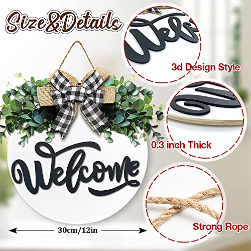White Welcome Sign for Front Door, 12 Inch Round Wood Wreath