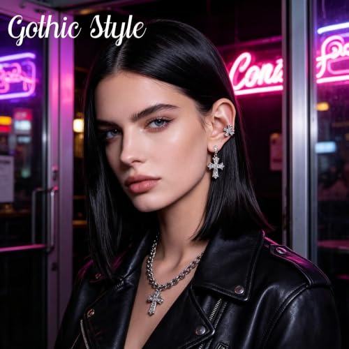 Gothic Cross Stud Earrings, Black & Silver Small CZ Jewelry for Women Men