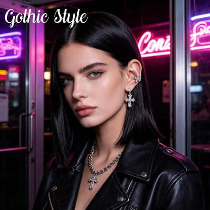 Gothic Cross Stud Earrings, Black & Silver Small CZ Jewelry for Women Men