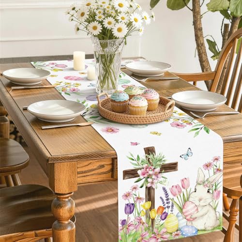 Easter Table Runner with Bunny Cross & Spring Floral Egg Design, 72x13 Inch