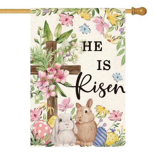 AVOIN colorlife Bunnies Cross He Is Risen Easter House Flag 28x40 Inch - size: House Size-28 x 40"