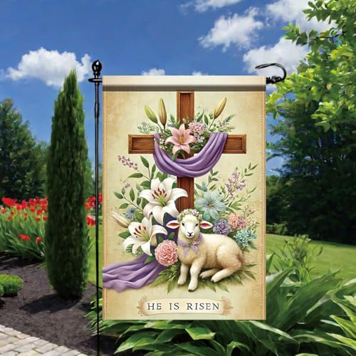 He Is Risen Garden Flag 12x18 Inch Double Sided Outdoor Yard Banner Easter Cross with Lamb and Lilies Christian Religious Spring Decoration for Porch Lawn Church Home Decor - color: Easter Lamb Risen #4