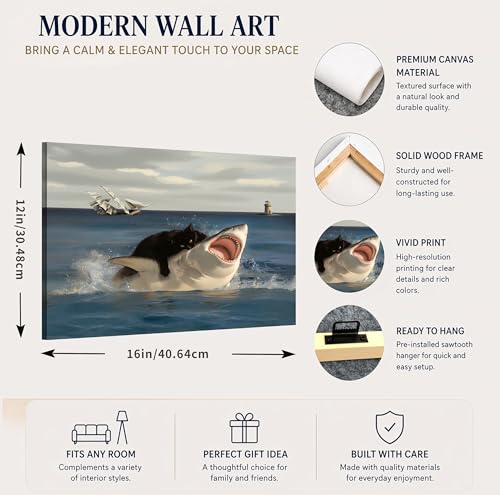 PYOYGU Funny Cat Wall Art, Black Cat Riding Shark, Quirky Canvas Wall Art - color: Cat&Shark, size: 16"L x 12"W