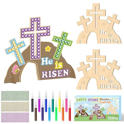 BeYumi Easter Jesus Resurrection Crafts - 20Pcs DIY HE IS RISEN Wooden Empty Tomb Standable Craft Make Your Own Christian Empty Tomb of Jesus Faith Religious Decor Church School Party Supplies for Kid
