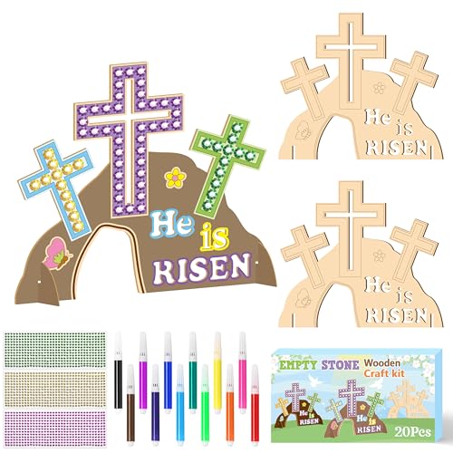 BeYumi Easter Jesus Resurrection Crafts - 20Pcs DIY HE IS RISEN Wooden Empty Tomb Standable Craft Make Your Own Christian Empty Tomb of Jesus Faith Religious Decor Church School Party Supplies for Kid