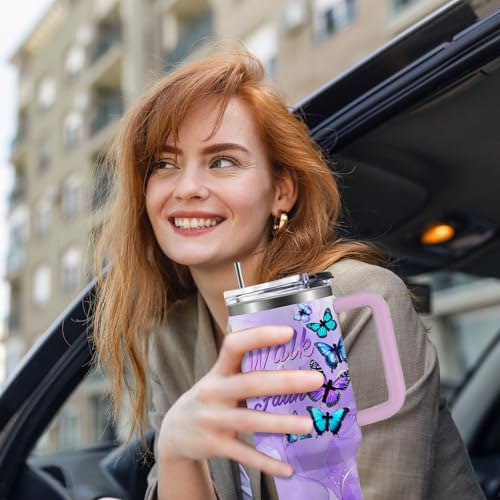 Butterfly 40oz Tumbler with Handle and Straw Lid Stainless Steel Insulated Coffee Travel Mug Cup Keeps Drinks Cold & Hot, Mothers Day Christian Birthday Gifts for Butterfly Women - color: Christian/Butterfly