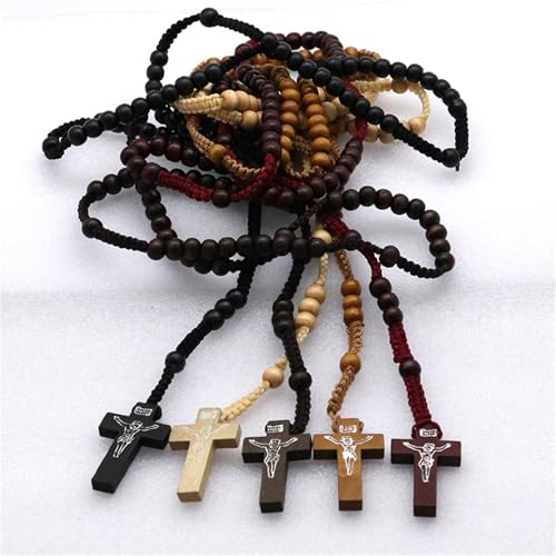 Natural Wood Beaded Cross Rosary Necklace Boho Handmade 8MM Wooden Beads with Jesus Cross Lightweight Rope Necklace for Men Women Religious Christian Prayer Fashion Jewelry Gifts - color: Wine red