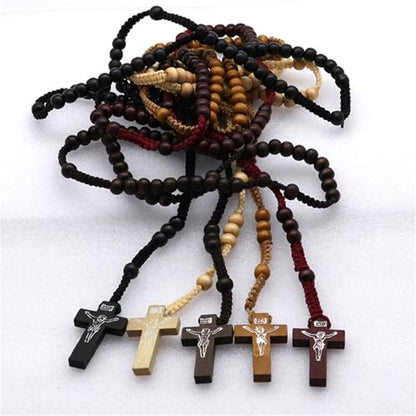 Natural Wood Beaded Cross Rosary Necklace Boho Handmade 8MM Wooden Beads with Jesus Cross Lightweight Rope Necklace for Men Women Religious Christian Prayer Fashion Jewelry Gifts - color: Wine red