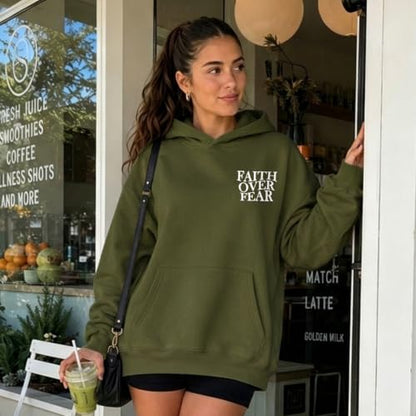 Wrenpies Faith Over Fear Hoodie for Women Christian Jesus Bible Verse Sweatshirt God Religious Oversized Tops - color: Army Green, size: Small