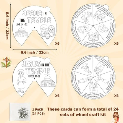 COcnny Easer Religious Coloring Craft- 24 Sets Color Your Own Christian Art Craft DIY Spining Cards for Kids, Jesus in the Temple Paper Craft Art for Sunday School Home Class Bible VBS Activities - style: Jesus in The Temple