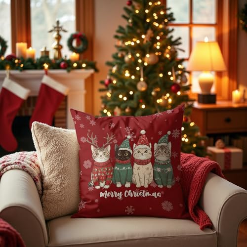 Funny Christmas Tabby Cat Pillow Covers 18x18, Red Christmas Decor, Tabby Cat Lovers Mom Lady Gifts, Xmas Santa Reindeer Cute Kitty Throw Pillow Covers for Home Living Room Bedroom Sofa Couch - color: 04 Color