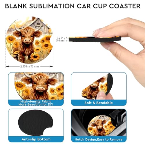 2 Pack Highland Cow Car Cup Holder Coasters,Universal Neoprene Coasters - color: Highland Cow