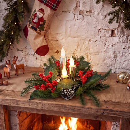 Tuanse 3 Set Christmas Poinsettia Centerpiece with Flameless Candle, Farm - style: Christmas Holly Berry