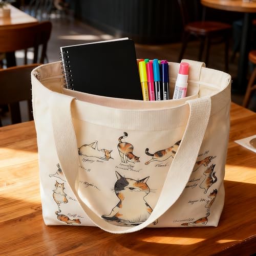 Large Tote Shopping Bag Cotton Canvas-Reusable grocery Bag with Zipper Aesthetic Reusable Shoulder Bag - style: Style-g