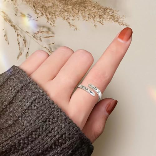 Faith Over Fear Cross Ring For Women, Christian Blessed Hope Love Encouragement Rings Adjustable Open Wrap Thumb Cross Inspirational Ring Jewelry Graduation Cocktail Party Gift - color: Silver