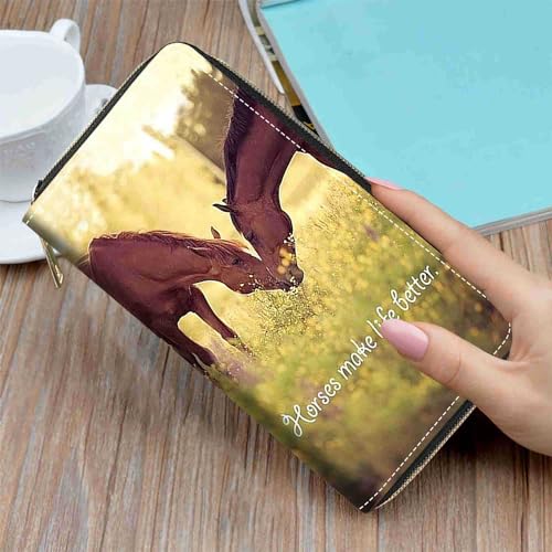 Women's Horses Make Life Better Print PU Leather Zipper Wallet, Large Capacity, Compact, Black - color: Horses Make Life Better