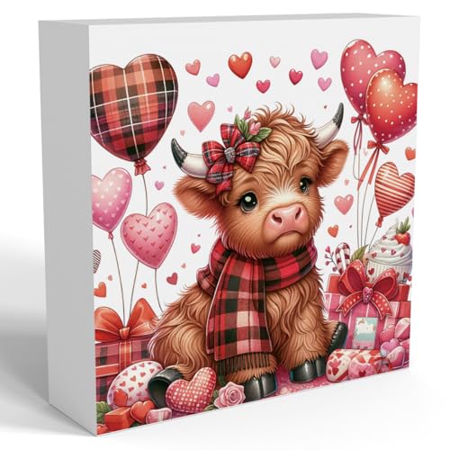 Valentines Day Decorations, Valentines Day Gifts for Her Him, Gift for Boyfriend Girlfriend, Heart Baby Highland Cow Anniversary Wooden Box Sign Husband Wife Home Office Bedroom Desk Decor - color: Heart Baby Highland Cow