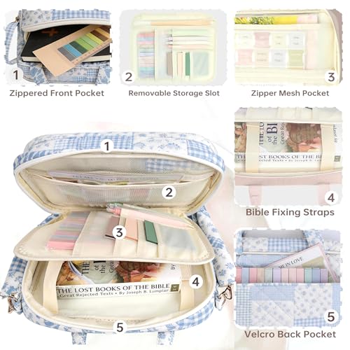 Bible Cover Case for Women Bible Study Supplies Christian Gifts for Women Church Camp Essentials Christian Bible Journaling Kit Quilted Large Bible Cover (Spliced Blue Flower, Large) - color: Spliced Blue Flower