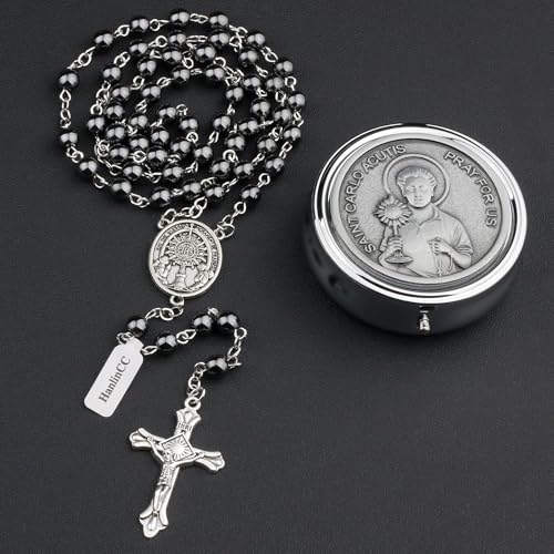 HanlinCC Saint Carlo Acutis Catholic Rosary Necklace with Gift Box - color: Hematite