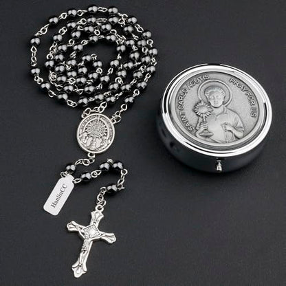 HanlinCC Saint Carlo Acutis Catholic Rosary Necklace with Gift Box - color: Hematite