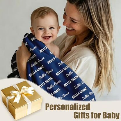 Ships Next Day, Personalized Baby Blanket with Name - Custom Newborn Hospital Swaddle Blanket, Super Soft Plush Flannel Baby Gift for Birth Announcement Shower Easter Gifts for Toddler Kids - color: Navy