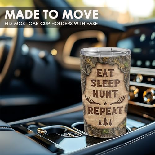 SANDJEST Hunting Tumbler 20oz, Stainless Steel Travel Cup with Lid, Eat Sleap Hunt Repeat Insulated Coffee Mug, Hunting Gifts for Men Friends Dad Grandfather on Birthday Christmas - color: Hunting