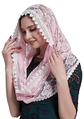 YHDDYG Infinity Veil for Catholic Mass Lace Infinity Scarf Church Veil for Girls Mantilla Infinity Veils Roses S97 - color: Pink Infinity