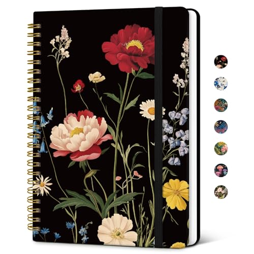 Taja Lined Spiral Journal for Women, A5 Cute Hardcover Notebook for Work - color: E-Peony Bloom
