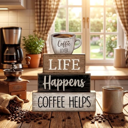 Moucuny 4 Pcs Wooden Coffee Bar Signs Farmhouse Table Decor Blocks - style: Coffee Lover