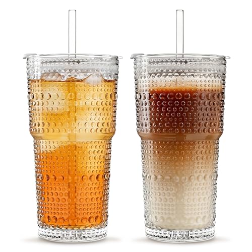 INSETLAN Iced Coffee Cups with Lids and Straws, 20 oz Hobnail Glass Tumbler - size: 2 Pcs