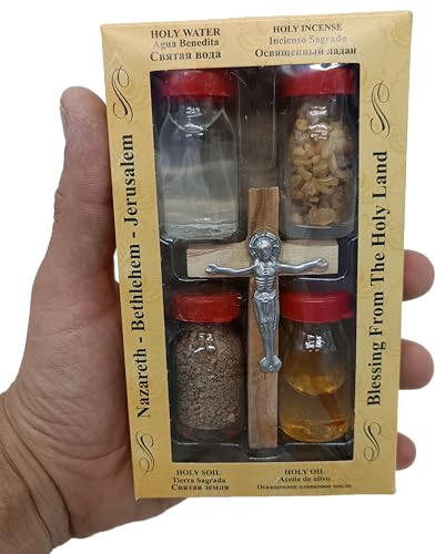 Zuluf Holy Land Set 5 in 1 Olive Wood Cross Set with 4 Bottles - Oil, Jordan Water, Holy Earth and Incense from Jerusalem | Catholic Orthodox Blessing Set from Israel | Religious Israel Gift HLG005