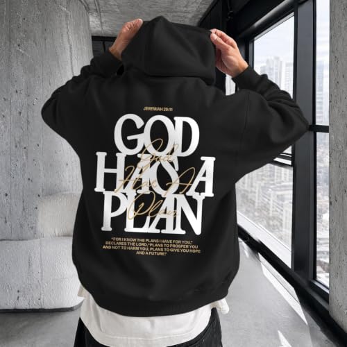 Christian God Hoodie for Men Jesus Faith Religious Bible Verse Hoodies Inspirational Graphic Fleece Sweatshirt - color: Black, size: Large