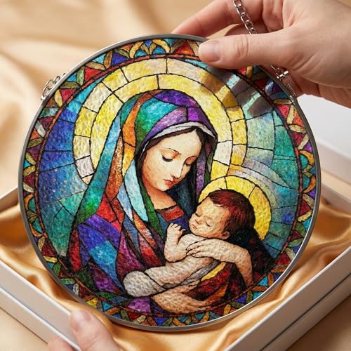8 Inch Stained Glass Window Hanging, Mother Mary and Baby Jesus Suncatcher, Catholic Gifts for Women, Religious Christian Home Decor, Jesus Plush Companion Gift(B6) - color: B6
