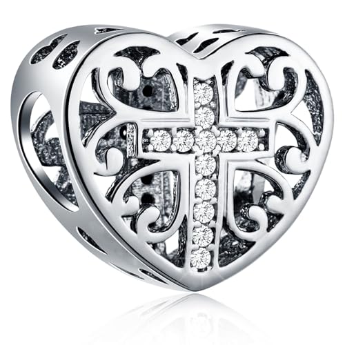 GEMDAZZ Religious Series Charm 925 Sterling Silver Chinese Yin Yang,Keep Faith Cross Dice Charms Beads Fit Men Women Bracelet Gift for Christmas/Mothers Day - color: Cross in Heart Charm