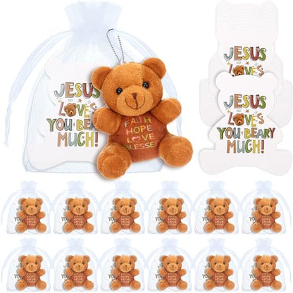 HyDren 12 Pcs Jesus Loves You Beary Much Stuffed Bears Animal Bulk Easter Gifts 4'' Religious Plush Bears Doll Small Stuffed Toy for Kids Sunday School Christian Baptism Party Favors Box Stuffers