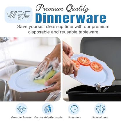 WDF 175Pcs Blue Plastic Plates - Heavy Duty Baby Blue Plates Disposable - 25Guests Plastic Dinnerware Ideal for Parties/Wedding/Baby Shower/Hanukkah - color: Bule and Gold, size: 175 pieces