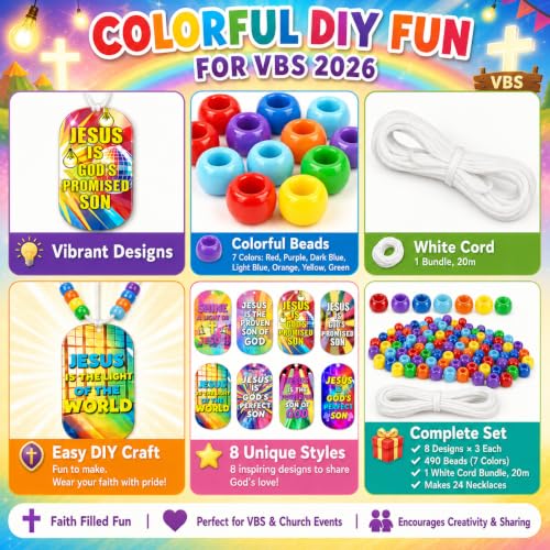 Cinrobiye 48 Pcs 2026 VBS Jesus Light Christian Necklace Craft Kit, DIY Bible Verse Necklace Making Set with Beads, Faith Necklaces Party Favors for Vacation Bible School, Church Events and Ministry - style: Jesus Light