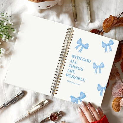 Preppy Blue Bow Christian Notebook Journal School Supplies for Women - color: Matthew 19:26 - Blue