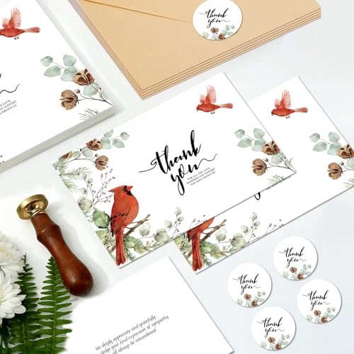 C2U 24 Pack Funeral Thank You Cards with Envelopes & Stickers – Cardinal Bird Branch Sympathy Cards for Bereavement, Memorial Service – Pre-Printed Condolence Cards with Space to Write – 4x6 Inch Acknowledgment Notes for Loved Ones (24)
