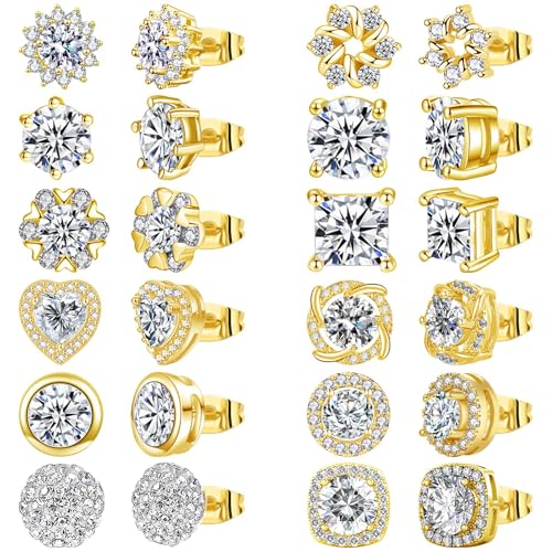 NEWITIN 12 Pairs Silver Earrings for Men Women Halo Stud Earring Set - color: Gold B