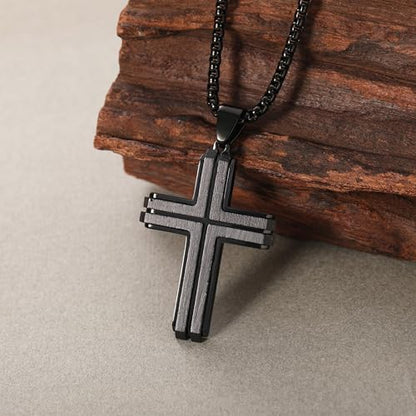 Wooden Cross Necklace for Men, Natural Ebony Mens Cross Necklaces Black Stainless Steel Christian Wood Crucifix Pendant，with Necklace 24" Box Chain - color: Black-Inlaid Ebony